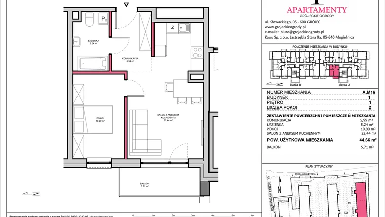 Rzut - Mieszkanie na sprzedaż 2 pokoje o powierzchni 44,66 m² - numer A.16 w Apartamenty Grójeckie Ogrody