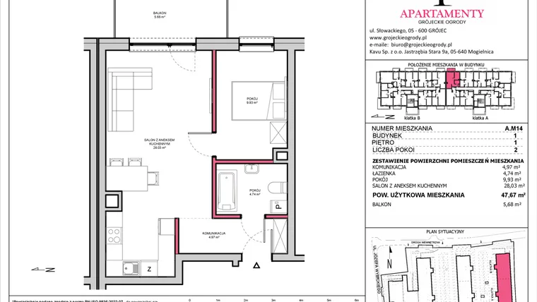 Rzut - Mieszkanie na sprzedaż 2 pokoje o powierzchni 47,67 m² - numer A.14 w Apartamenty Grójeckie Ogrody