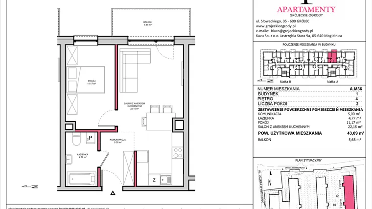 Rzut - Mieszkanie na sprzedaż 2 pokoje o powierzchni 43,09 m² - numer A.36 w Apartamenty Grójeckie Ogrody
