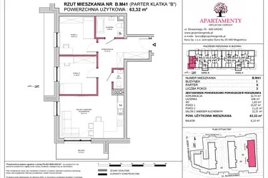 Rzut - Mieszkanie na sprzedaż 3 pokoje o powierzchni 63,33 m² - numer B.41 w Apartamenty Grójeckie Ogrody