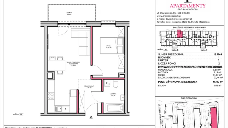 Rzut - Mieszkanie na sprzedaż 2 pokoje o powierzchni 46 m² - numer B.44 w Apartamenty Grójeckie Ogrody