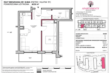 Rzut - Mieszkanie na sprzedaż 2 pokoje o powierzchni 48,92 m² - numer B.48 w Apartamenty Grójeckie Ogrody