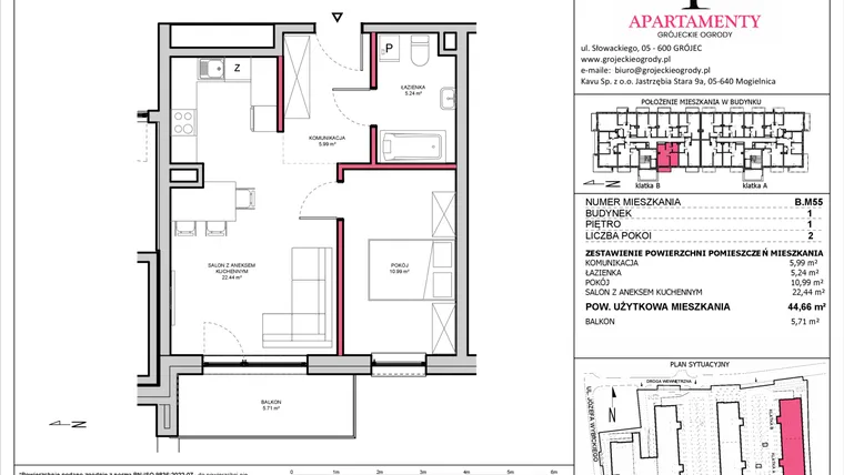 Rzut - Mieszkanie na sprzedaż 2 pokoje o powierzchni 44,66 m² - numer B.55 w Apartamenty Grójeckie Ogrody