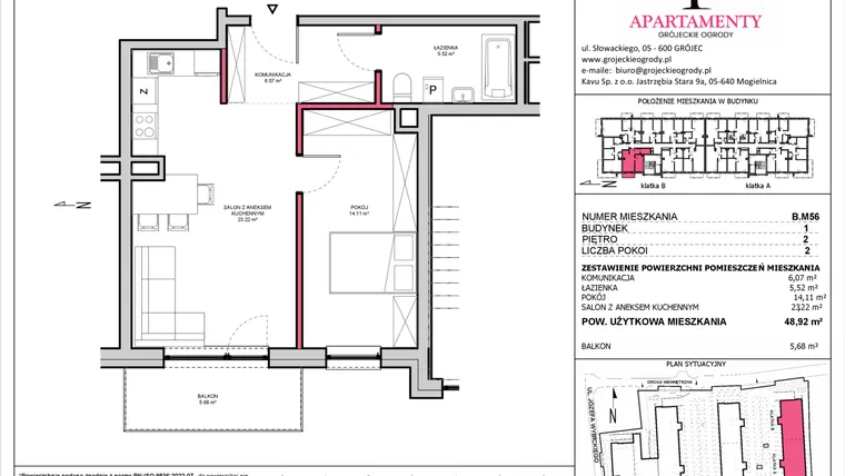 Rzut - Mieszkanie na sprzedaż 2 pokoje o powierzchni 48,92 m² - numer B.56 w Apartamenty Grójeckie Ogrody