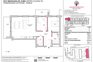 Rzut - Mieszkanie na sprzedaż 3 pokoje o powierzchni 72,76 m² - numer B.58 w Apartamenty Grójeckie Ogrody