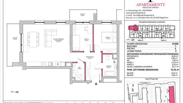 Rzut - Mieszkanie na sprzedaż 3 pokoje o powierzchni 72,76 m² - numer B.58 w Apartamenty Grójeckie Ogrody