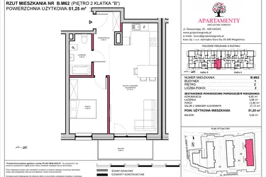 Rzut - Mieszkanie na sprzedaż 2 pokoje o powierzchni 51,25 m² - numer B.62 w Apartamenty Grójeckie Ogrody