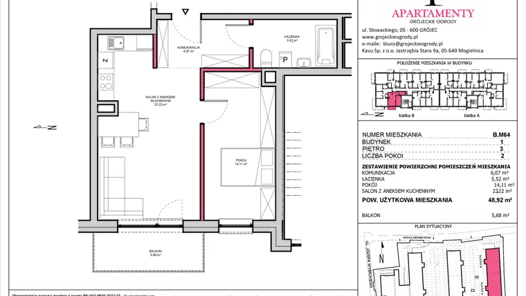 Rzut - Mieszkanie na sprzedaż 2 pokoje o powierzchni 48,92 m² - numer B.64 w Apartamenty Grójeckie Ogrody