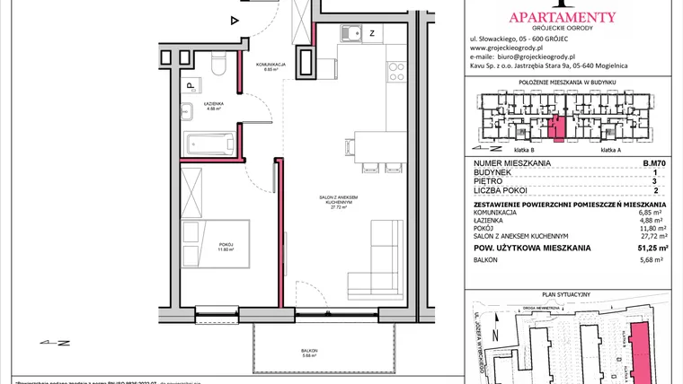 Rzut - Mieszkanie na sprzedaż 2 pokoje o powierzchni 51,25 m² - numer B.70 w Apartamenty Grójeckie Ogrody