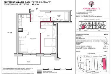 Rzut - Mieszkanie na sprzedaż 2 pokoje o powierzchni 48,92 m² - numer B.72 w Apartamenty Grójeckie Ogrody