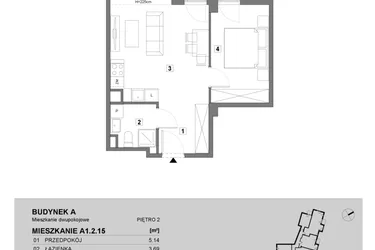 Rzut - Mieszkanie na sprzedaż 2 pokoje o powierzchni 42,98 m² - numer A1.2.15 w ATAL Grabiszyn