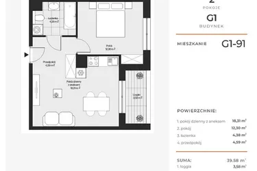 Rzut - Mieszkanie na sprzedaż 2 pokoje o powierzchni 39,71 m² - numer G1-91 w Piasta Park VI
