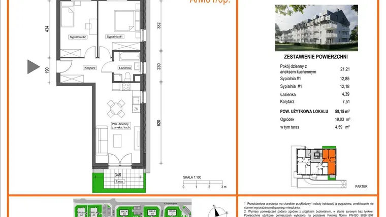 Rzut - Mieszkanie na sprzedaż 3 pokoje o powierzchni 58,15 m² - numer A1/M01/0P w Zielony Brochów 7 - etap A