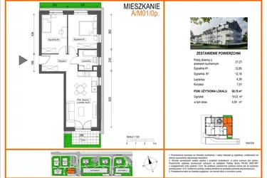 Rzut - Mieszkanie na sprzedaż 3 pokoje o powierzchni 58,15 m² - numer A1/M01/0P w Zielony Brochów 7 - etap A