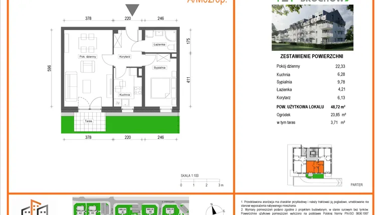 Rzut - Mieszkanie na sprzedaż 2 pokoje o powierzchni 48,72 m² - numer A1/M02/0P w Zielony Brochów 7 - etap A