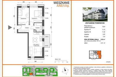 Rzut - Mieszkanie na sprzedaż 3 pokoje o powierzchni 53,84 m² - numer A1/M01/3P w Zielony Brochów 7 - etap A