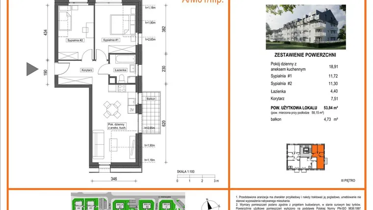 Rzut - Mieszkanie na sprzedaż 3 pokoje o powierzchni 53,84 m² - numer A1/M01/3P w Zielony Brochów 7 - etap A