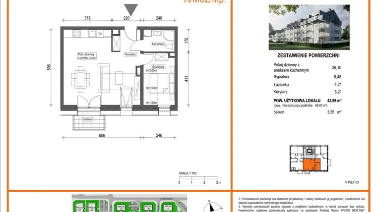 Rzut - Mieszkanie na sprzedaż 2 pokoje o powierzchni 43,99 m² - numer A1/M02/3P w Zielony Brochów 7 - etap A