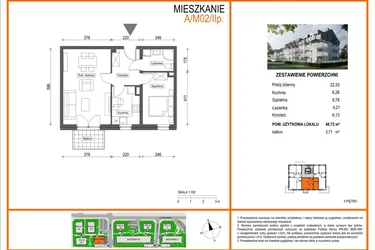Rzut - Mieszkanie na sprzedaż 2 pokoje o powierzchni 48,72 m² - numer A1/M02/2P w Zielony Brochów 7 - etap A