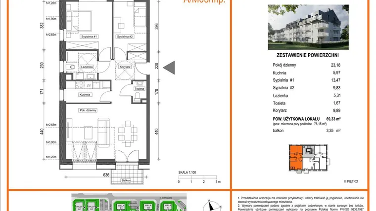 Rzut - Mieszkanie na sprzedaż 3 pokoje o powierzchni 69,33 m² - numer A1/M03/3P w Zielony Brochów 7 - etap A