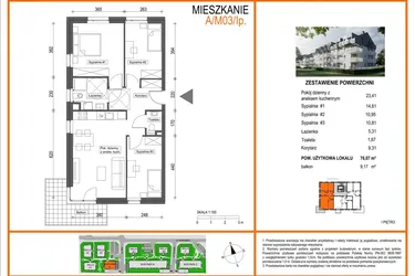 Rzut - Mieszkanie na sprzedaż 4 pokoje o powierzchni 76,07 m² - numer A1/M03/1P w Zielony Brochów 7 - etap A