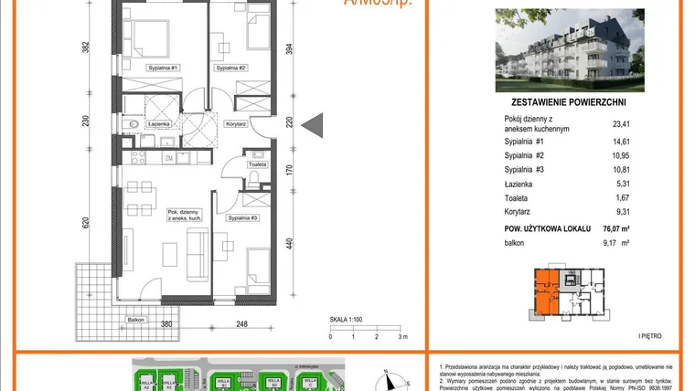 Rzut - Mieszkanie na sprzedaż 4 pokoje o powierzchni 76,07 m² - numer A1/M03/1P w Zielony Brochów 7 - etap A