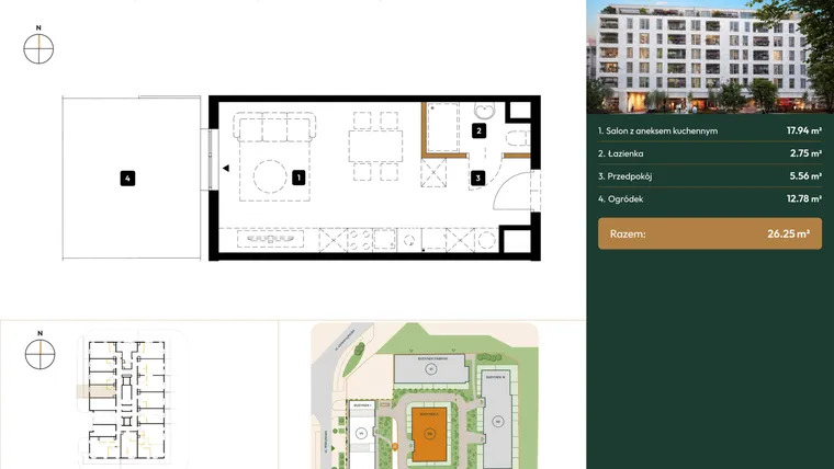 Rzut - Mieszkanie na sprzedaż 1 pokój o powierzchni 26,25 m² - numer B2.0.03 w Wierzbowa 20