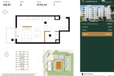 Rzut - Mieszkanie na sprzedaż 1 pokój o powierzchni 37,94 m² - numer B2.2.01 w Wierzbowa 20