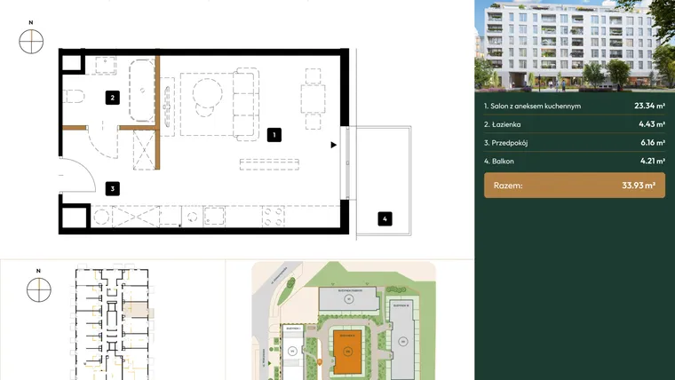 Rzut - Mieszkanie na sprzedaż 1 pokój o powierzchni 33,93 m² - numer B2.1.13 w Wierzbowa 20