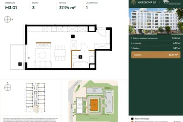 Rzut - Mieszkanie na sprzedaż 1 pokój o powierzchni 37,94 m² - numer B2.3.01 w Wierzbowa 20
