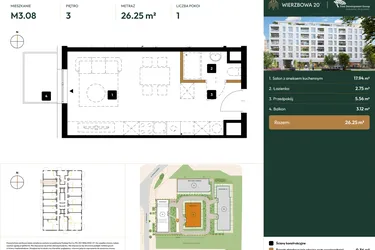 Rzut - Mieszkanie na sprzedaż 1 pokój o powierzchni 26,25 m² - numer B2.3.08 w Wierzbowa 20