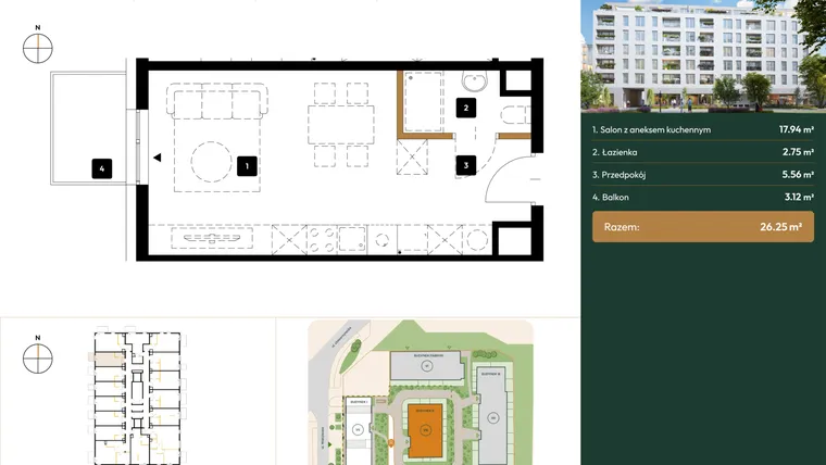 Rzut - Mieszkanie na sprzedaż 1 pokój o powierzchni 26,25 m² - numer B2.3.08 w Wierzbowa 20