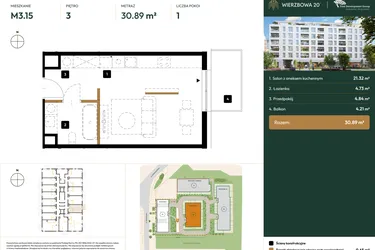 Rzut - Mieszkanie na sprzedaż 1 pokój o powierzchni 30,89 m² - numer B2.3.15 w Wierzbowa 20
