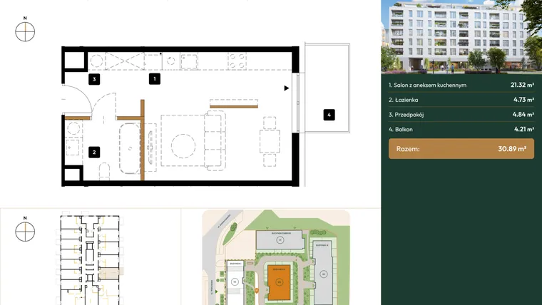 Rzut - Mieszkanie na sprzedaż 1 pokój o powierzchni 30,89 m² - numer B2.3.15 w Wierzbowa 20