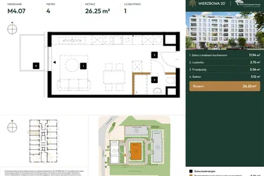 Rzut - Mieszkanie na sprzedaż 1 pokój o powierzchni 26,25 m² - numer B2.4.07 w Wierzbowa 20