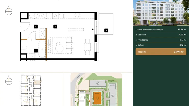 Rzut - Mieszkanie na sprzedaż 1 pokój o powierzchni 33,94 m² - numer B2.4.12 w Wierzbowa 20