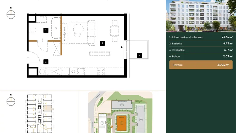 Rzut - Mieszkanie na sprzedaż 1 pokój o powierzchni 33,94 m² - numer B2.5.13 w Wierzbowa 20
