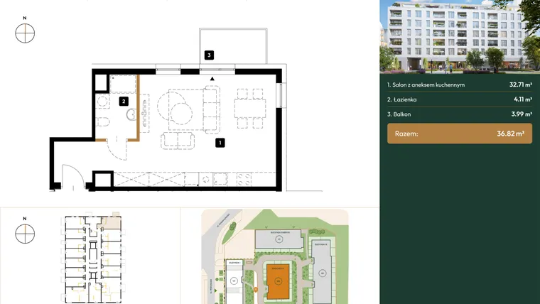 Rzut - Mieszkanie na sprzedaż 1 pokój o powierzchni 36,82 m² - numer B2.6.11 w Wierzbowa 20