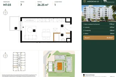Rzut - Mieszkanie na sprzedaż 1 pokój o powierzchni 26,25 m² - numer B2.7.03 w Wierzbowa 20