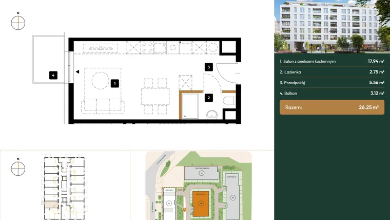Rzut - Mieszkanie na sprzedaż 1 pokój o powierzchni 26,25 m² - numer B2.7.03 w Wierzbowa 20