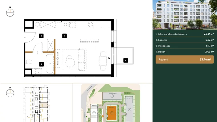 Rzut - Mieszkanie na sprzedaż 1 pokój o powierzchni 33,94 m² - numer B2.6.14 w Wierzbowa 20