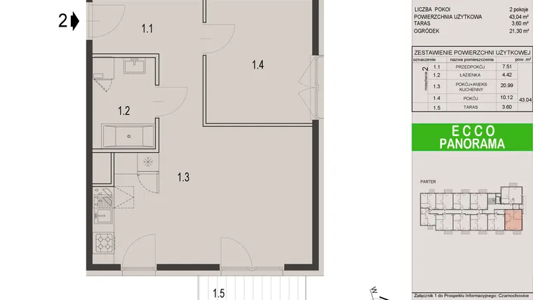 Rzut - Mieszkanie na sprzedaż 2 pokoje o powierzchni 43,04 m² - numer 2C w Ecco Panorama etap II budynki C, D