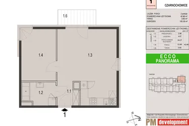 Rzut - Mieszkanie na sprzedaż 2 pokoje o powierzchni 42,86 m² - numer 1C w Ecco Panorama etap II budynki C, D