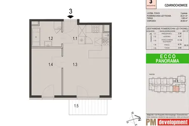 Rzut - Mieszkanie na sprzedaż 2 pokoje o powierzchni 33,31 m² - numer 3C w Ecco Panorama etap II budynki C, D