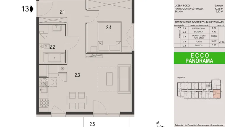 Rzut - Mieszkanie na sprzedaż 2 pokoje o powierzchni 42,98 m² - numer 13C w Ecco Panorama etap II budynki C, D