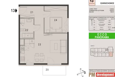 Rzut - Mieszkanie na sprzedaż 2 pokoje o powierzchni 42,98 m² - numer 13C w Ecco Panorama etap II budynki C, D