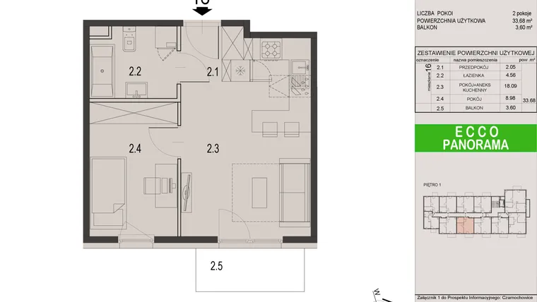 Rzut - Mieszkanie na sprzedaż 2 pokoje o powierzchni 33,68 m² - numer 16C w Ecco Panorama etap II budynki C, D