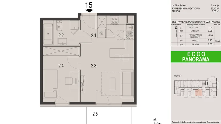 Rzut - Mieszkanie na sprzedaż 2 pokoje o powierzchni 33,4 m² - numer 15C w Ecco Panorama etap II budynki C, D