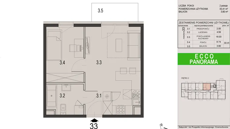Rzut - Mieszkanie na sprzedaż 2 pokoje o powierzchni 33,41 m² - numer 33C w Ecco Panorama etap II budynki C, D