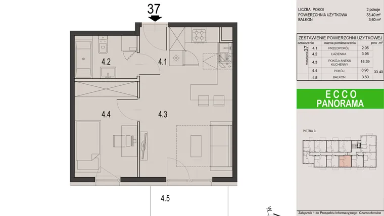 Rzut - Mieszkanie na sprzedaż 2 pokoje o powierzchni 33,4 m² - numer 37C w Ecco Panorama etap II budynki C, D